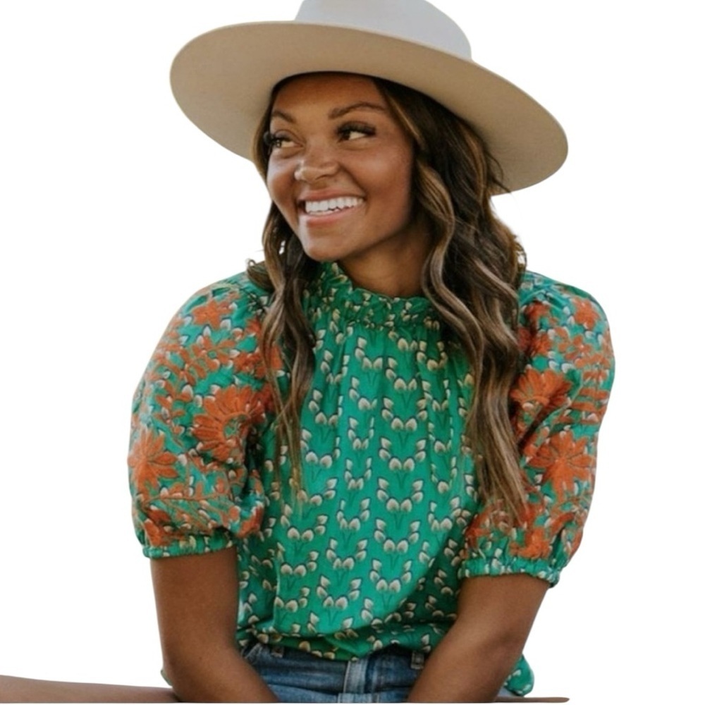 Floral Green and Orange Women's Top - Picture 3 of 6